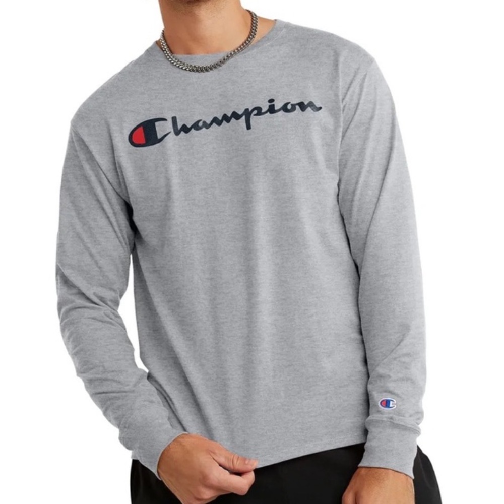 Champion Heather Gray Script Logo Long Sleeve Tee